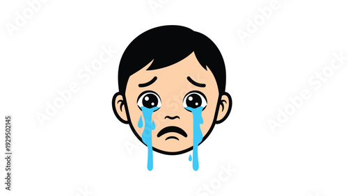 Sad face of a young boy with large tears falling from his eyes to represent sadness, grief, and childhood emotions.
