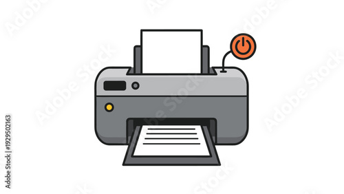 Modern inkjet or laser office printer with an orange power button and fresh paper loaded for daily printing tasks.