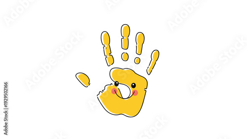 Bright yellow childs handprint illustration features a cute happy smiley face with rosy cheeks on a plain white background.