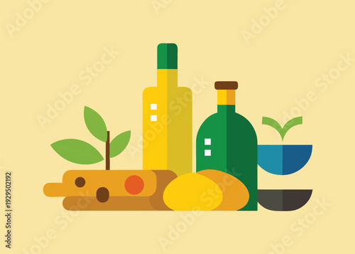 A flat illustration featuring two bottles, ginger, potatoes, and green leaves arranged as gourmet food ingredients.
