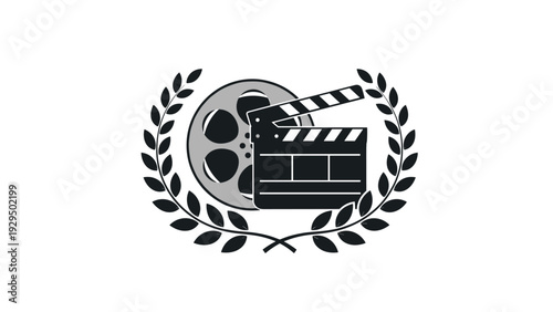 Movie reel and clapperboard symbols framed by a black laurel wreath representing cinema awards and festivals on white background.