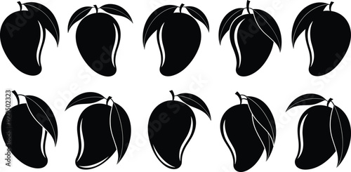 Mango silhouette vector set. Black solid tropical fruit icons with leaf variations. Minimal flat mango shapes isolated on white background.