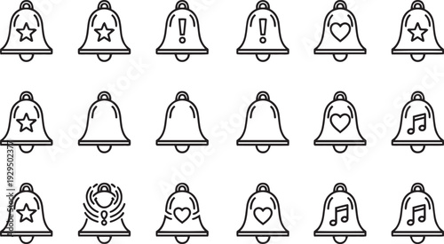Collection of outline bell with stars hearts musical notes and exclamation marks bell notification alert sound music heart star exclamation mark outline