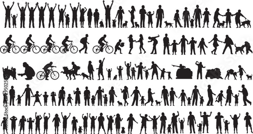Black silhouette illustrations of families and individuals in diverse activities including walking, cycling, playing, dancing, and interacting with pets, s