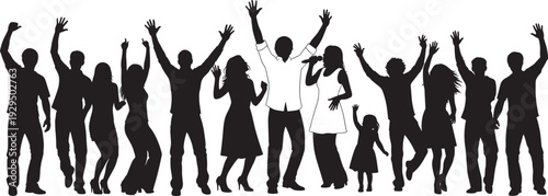 Black silhouette illustrations of people celebrating, dancing, cheering, and singing with microphone, including adults and children, symbolizing joy, community, social events, and festive gatherings.