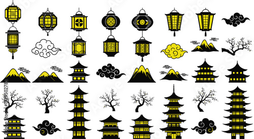 Traditional East Asian cultural icons featuring lanterns, pagodas, stylized clouds, mountains, and trees in black and yellow decorative illustration for design, architecture, and art themes