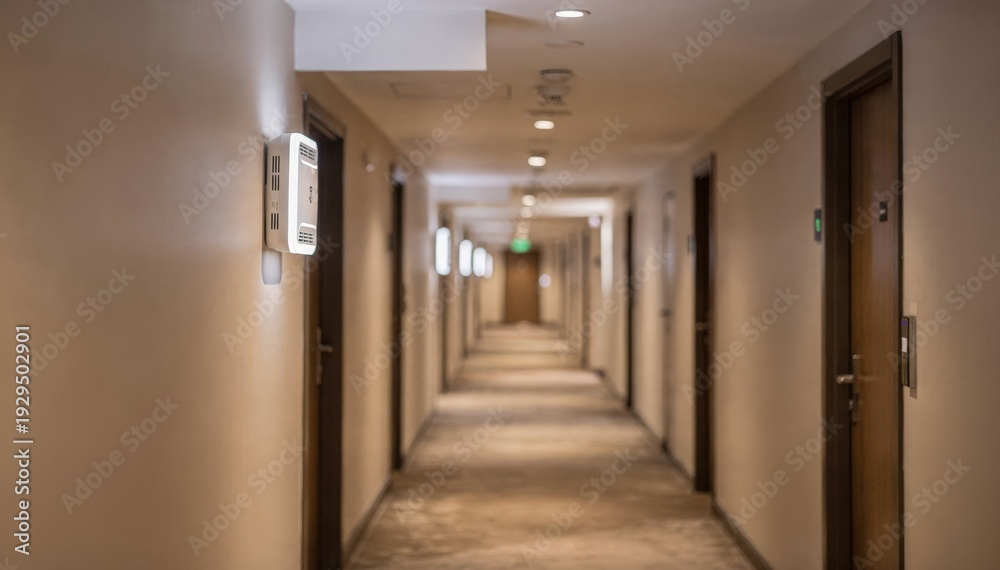 Fototapeta Sharp image of ceilingmounted access points in a hotel hallway the corridor fading softly behind illustrating robust WiFi coverage for long guest stays.