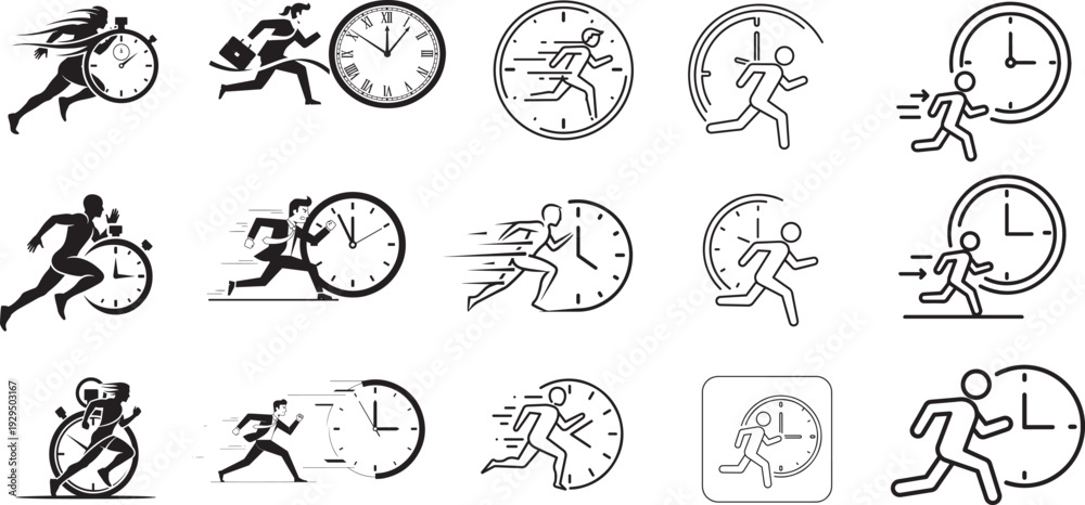 Fototapeta premium Time Management Running Man Icon Set-Deadline, Fast Delivery and Productivity Concept Vector Collection