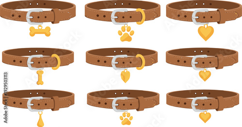 Dog Collar Collection with Bone Paw and Heart Tags Leather Pet Accessories Flat Vector Illustration Set