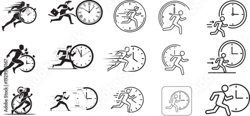 Time Management Running Man Icon Set-Deadline, Fast Delivery and Productivity Concept Vector Collection