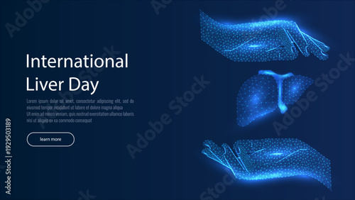 Two human hands are holds human liver. Support healthy liver concept. Wireframe glowing low poly design on dark blue background. Abstract futuristic vector illustration.
