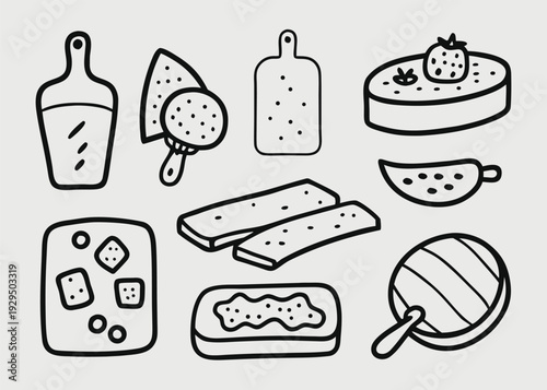 A collection of hand drawn doodle outline style charcuterie boards with various food items, cheese, and fruits on a light gray background.