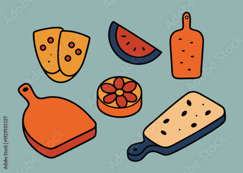 A collection of hand drawn doodle charcuterie boards with cheese slices, watermelon, and various shapes on a light blue-green background.