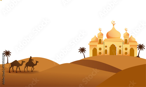 Cartoon vector illustration of a camel caravan silhouette traveling through the orange Sahara desert landscape under a sunset sky with sand dunes and mountains