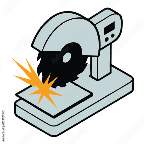 Industrial chop saw cutting metal with sparks flying off