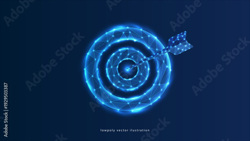 Digital precision: Arrow strikes bullseye on low poly target achieving futuristic business goal metaphor.
