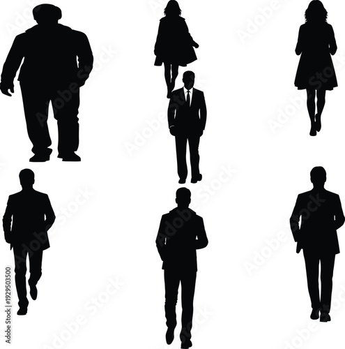 Silhouettes of business people walking in different directions