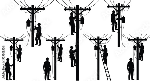 Silhouette utility workers repairing electrical power lines on wooden poles, electricity maintenance technicians climbing ladder and servicing transformer equipment, 