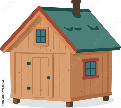 Charming wooden shed with teal roof invites imagination and rustic appeal