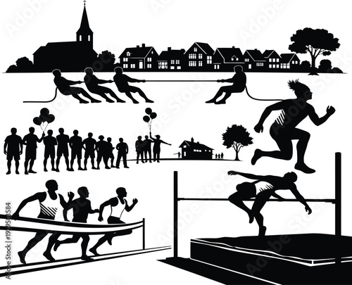 Black and white silhouette illustration of various track and field events