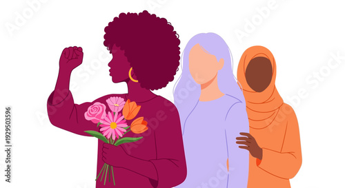 Diverse Women's Solidarity and Empowerment with Raised Fist and Flowers. Celebrating Feminism, Strength, and Unity.
