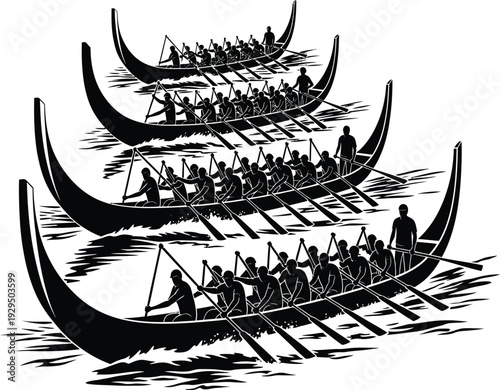 Viking longships sailing in formation on a serene waterway