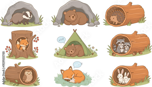 Cartoon illustrations of animals resting in shelters including caves, logs, stumps, tents, and grass, symbolizing wildlife habitat, rest, nature, and cozy animal behavior concept