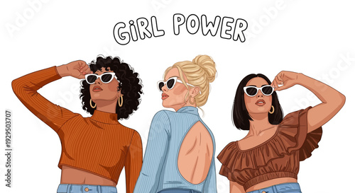Girl Power Illustration: Diverse Women Celebrating Empowerment, Confidence & Fashion
