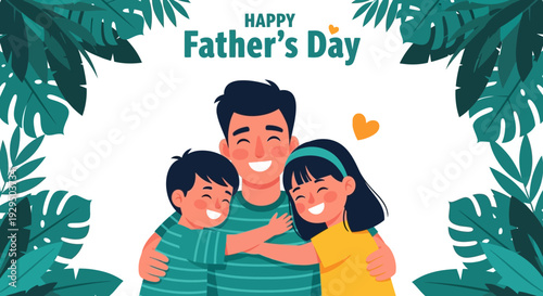 Happy Father's Day Illustration: Father, Son, and Daughter Hugging with Tropical Leaves Frame - Family Love and Celebration