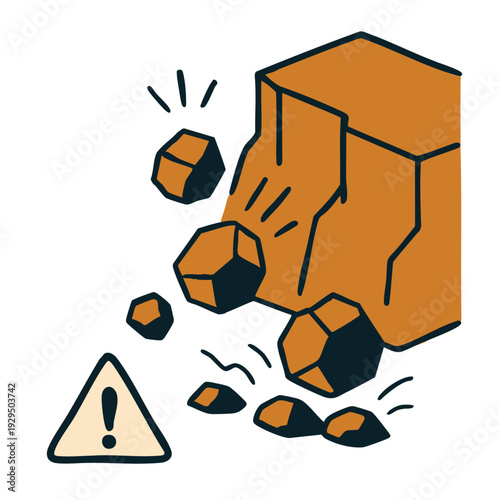 Danger rockfall icon, landslide warning sign, caution concept