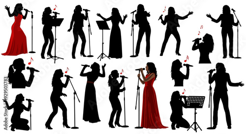 Dynamic Female Singer Silhouettes Collection with Microphones and Musical Notes: Diverse Women Performing Music on Stage