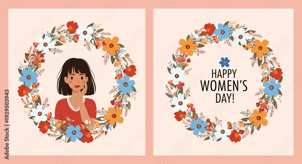 Fototapeta premium Happy International Women's Day Floral Wreath Illustration with Smiling Woman Portrait - Celebration, Empowerment, Diversity