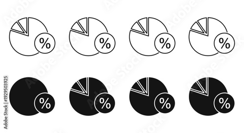Eight minimalist pie chart icons with integrated percentage symbols, available in both outline and solid black versions.