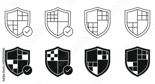 Eight security shield icons with integrated checkmarks, presented in various designs to symbolize protection and verification.