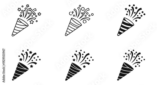 A collection of six festive confetti popper icons in both outline and solid black styles.
