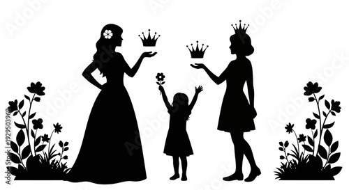 Child's Princess Dream: Empowering Choices, Crowns & Women Silhouettes with Floral Elements