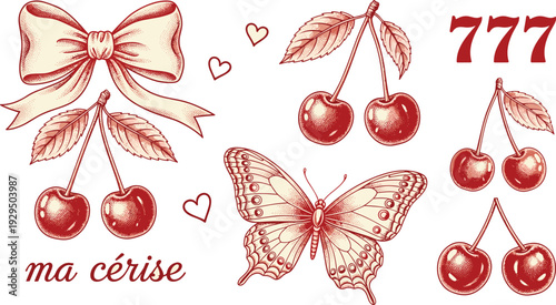 Vintage cherry illustration set. Red engraved bow, butterfly and sweet cherries. Romantic retro fruit design with hearts and typography isolated on white background.