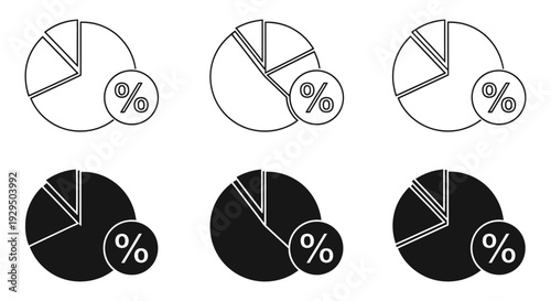 A set of six pie chart icons with percentage symbols, presented in both outline and solid black styles.