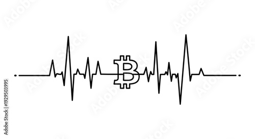 A continuous line art drawing depicting a Bitcoin symbol within an electrocardiogram (ECG) heartbeat line.