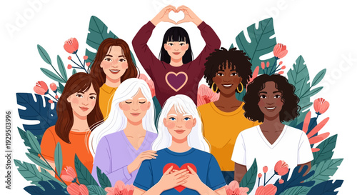 Diverse Group of Empowered Women Showing Love & Unity, Surrounded by Vibrant Floral Foliage Illustration