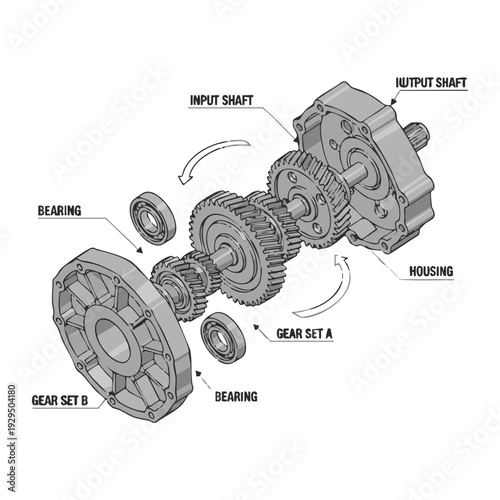 Exploded view of a complex industrial gear box assembly