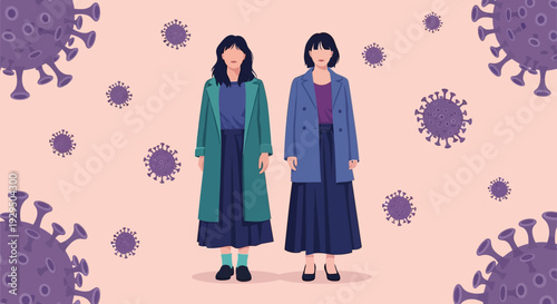Two Women Surrounded by Coronavirus Particles - Pandemic Health Awareness Vector
