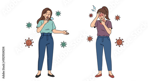 Viral Infection Symptoms: Sick Women Coughing, with Fever and Headache. Illness, Contagion, and Disease Concept Illustration.