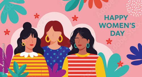 Happy Women's Day Celebration. Diverse Group of Empowered Women in Vibrant Floral Flat Design Illustration