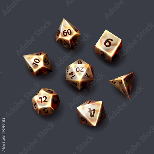 Collection of metallic polyhedral dice on dark background