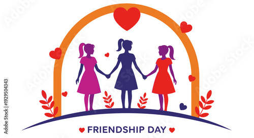Friendship Day Celebration: Three Girls Holding Hands under Arch with Hearts - Vector Illustration
