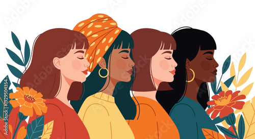 Empowered Diverse Women in Harmony with Nature - Unity, Sisterhood, and Wellbeing Flat Illustration