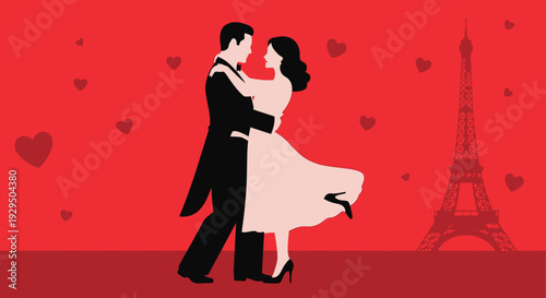 Romantic Couple Dancing in Paris with Eiffel Tower and Hearts - Valentine's Day Love Illustration