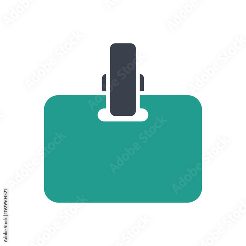 A teal rectangular badge with a dark gray clip attached to the top center.