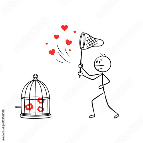 Stick figure trying to catch hearts flying from a birdcage showing concept of digital validation addiction and social media attention trap  